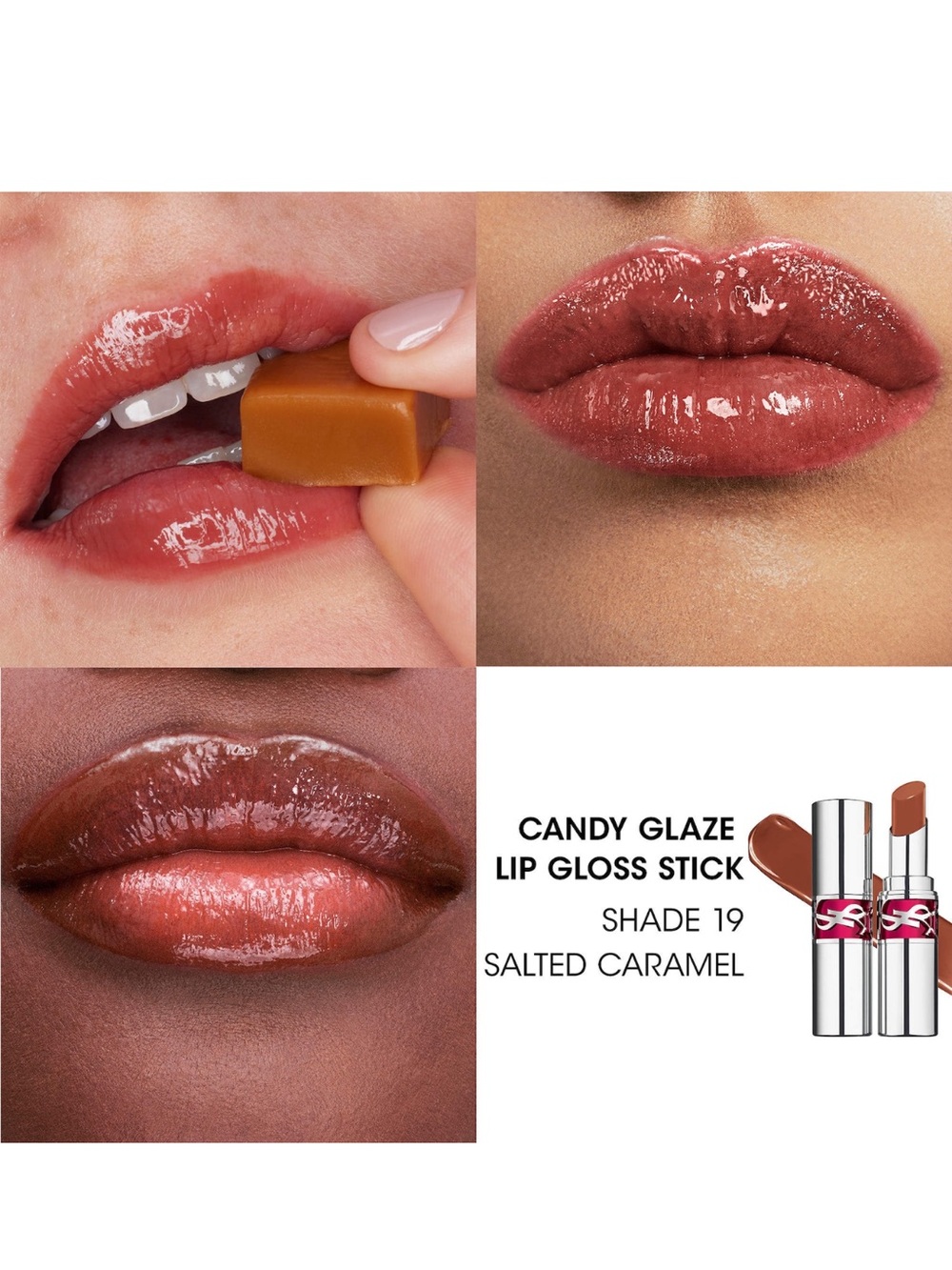 YSL Candy Glaze Lip Gloss Stick • Shade 19 Salted Caramel (Rosy Caramel Brown)